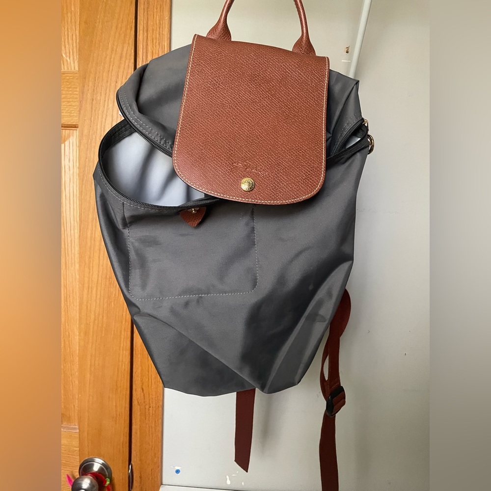 Gray Longchamp back pack. Been used about a dozen times. Wipes clean.